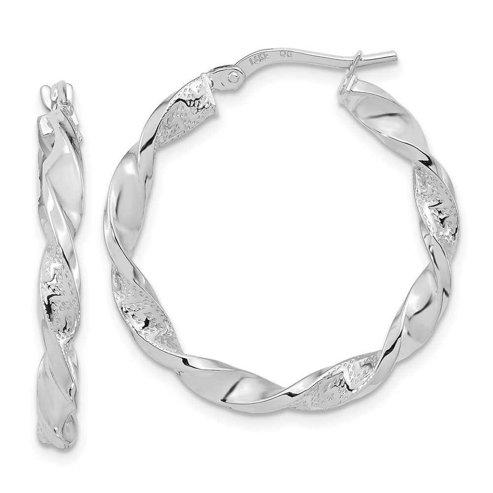 14k White Gold Polished and Textured Twisted Hoop Earrings