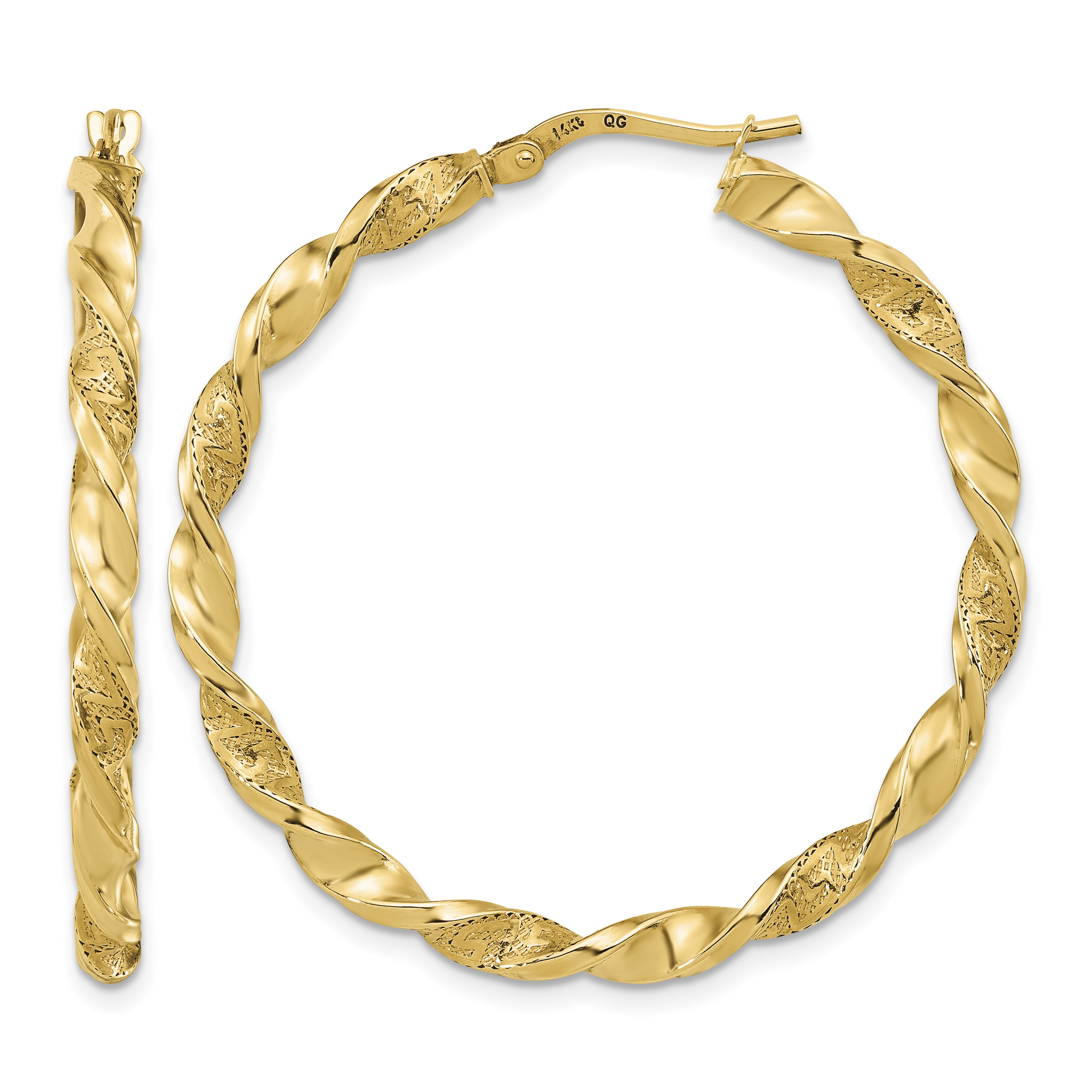 14K Polished and Textured Twisted Hoop Earrings (TF1971)