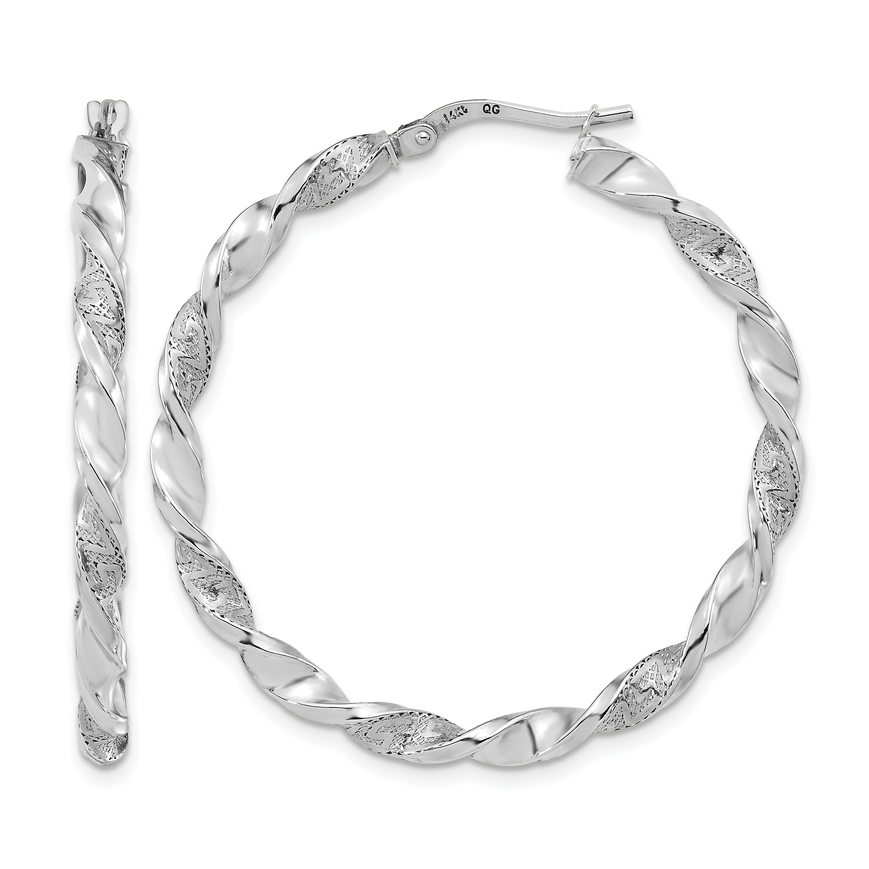14k White Gold Polished and Textured Twisted Hoop Earrings (TF1971W)