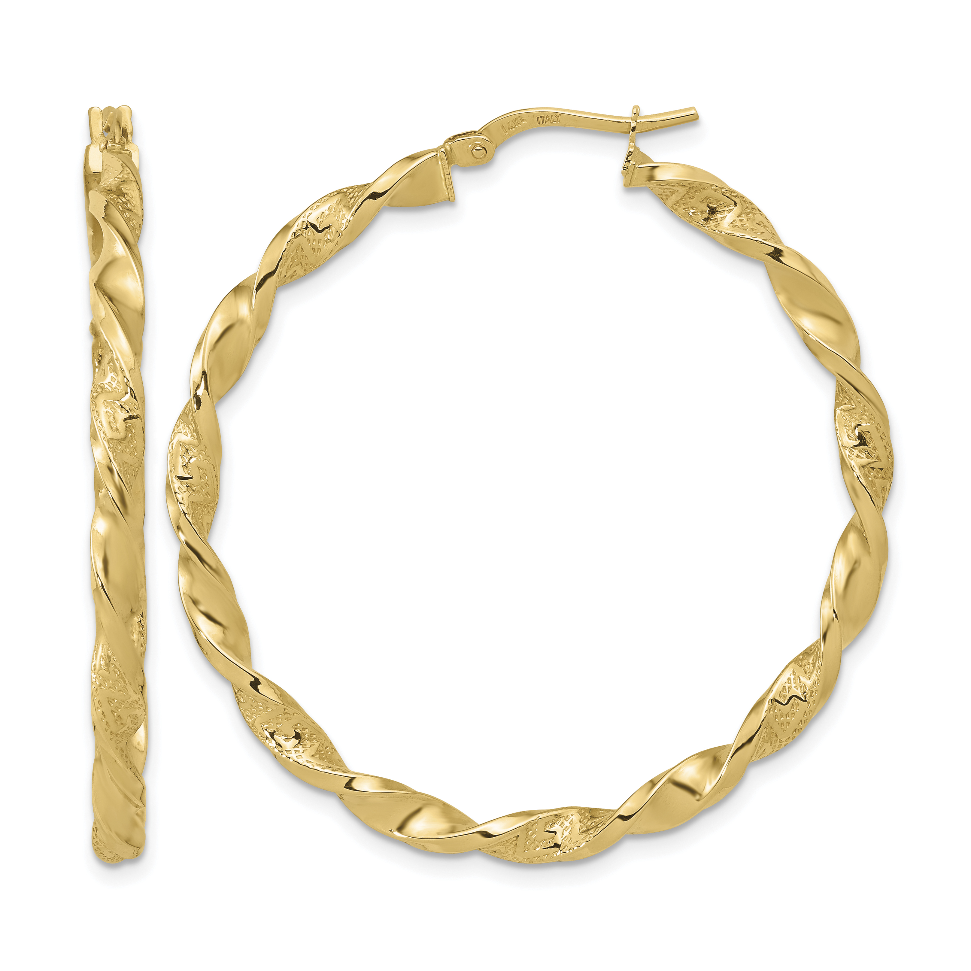 14K Polished and Textured Twisted Hoop Earrings (TF1972)
