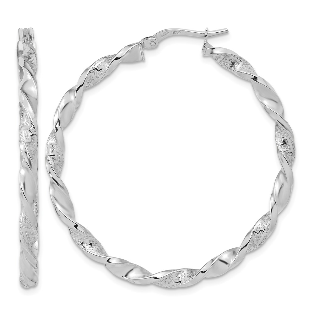 14k White Gold Polished and Textured Twisted Hoop Earrings (TF1972W)