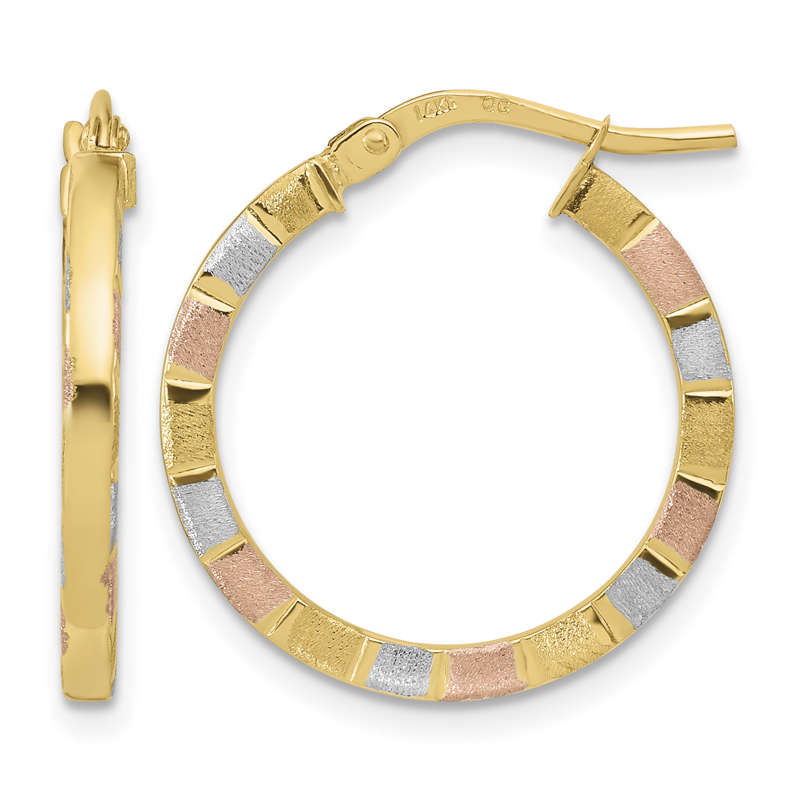 14k w/White & Rose Rhodium Polished & Satin Hoop Earrings (TF1973)
