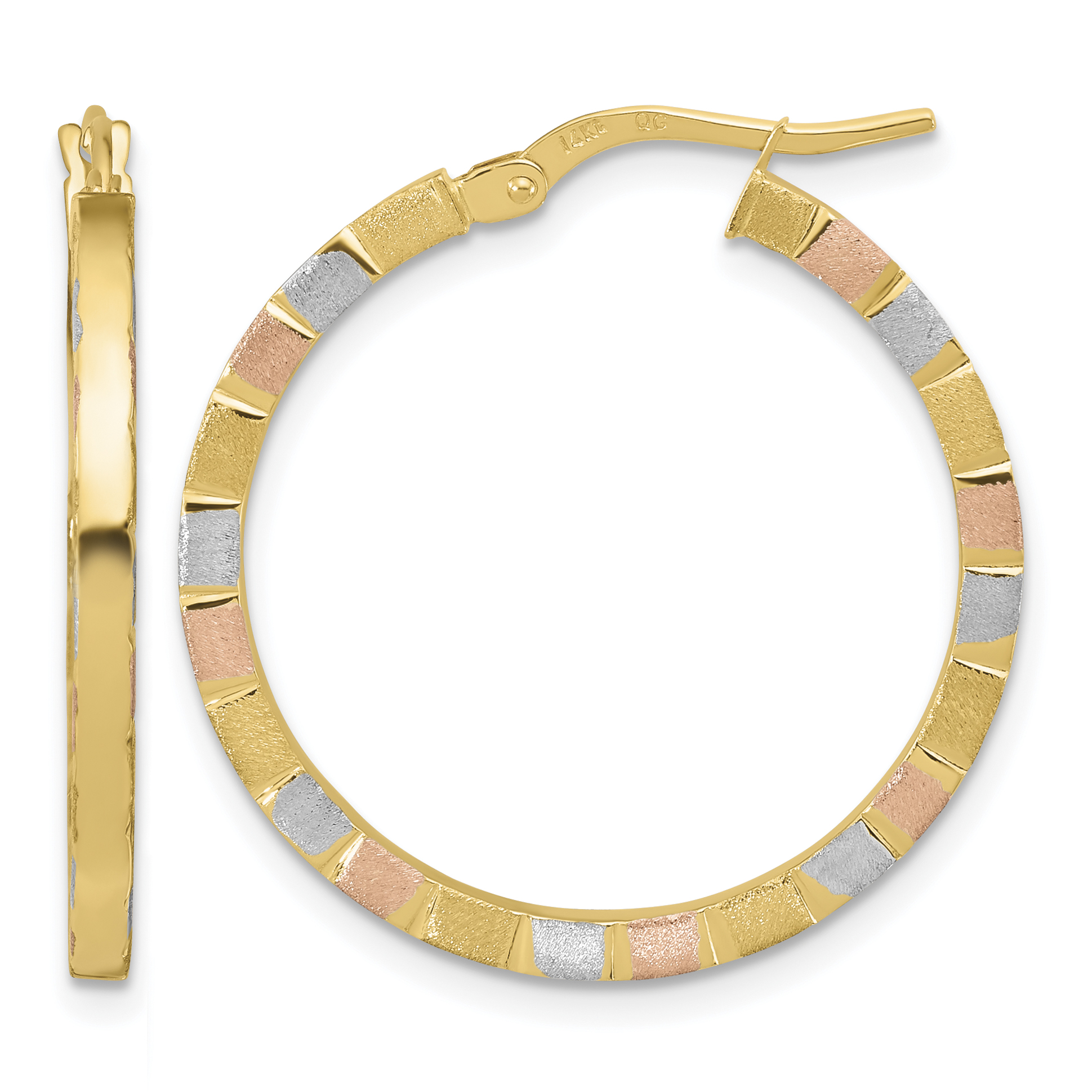 14k w/White & Rose Rhodium Polished & Satin Hoop Earrings (TF1974)