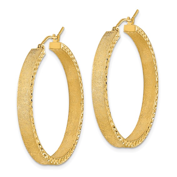 14K 4x35mm Satin with Diamond-cut Edge Tube Hoop Earrings
