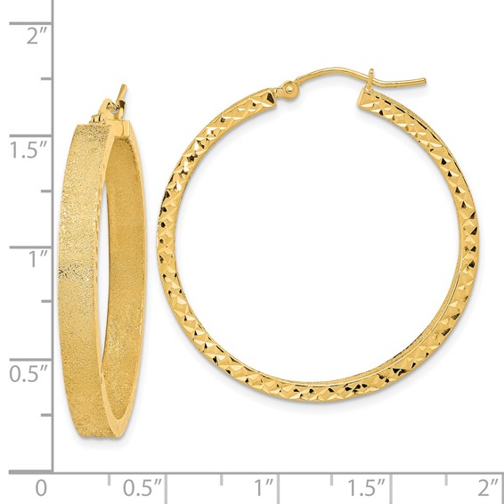14K 4x35mm Satin with Diamond-cut Edge Tube Hoop Earrings