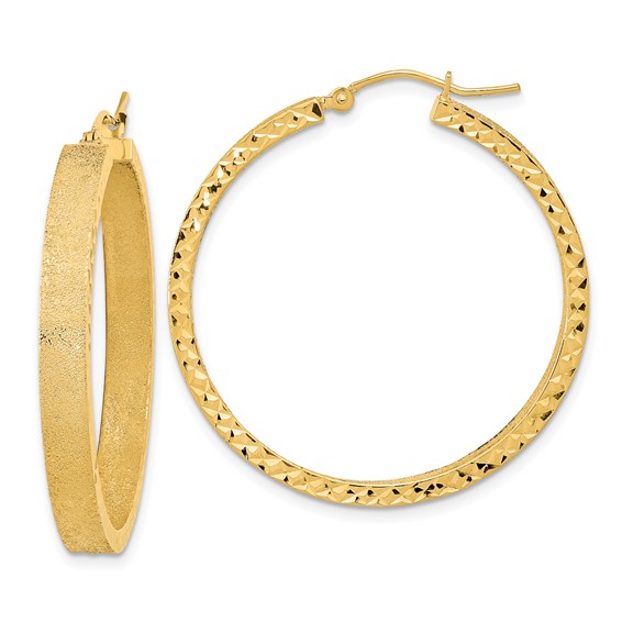 14K 4x35mm Satin with Diamond-cut Edge Tube Hoop Earrings