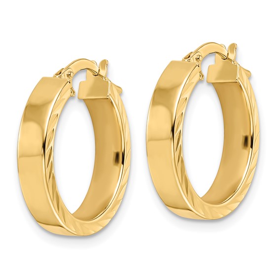 14K 4x18mm Polished with Diamond-Cut Edge Tube Hoop Earrings