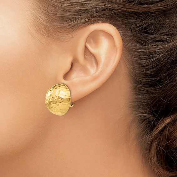 Gold Hammered Button Omega Back Earrings