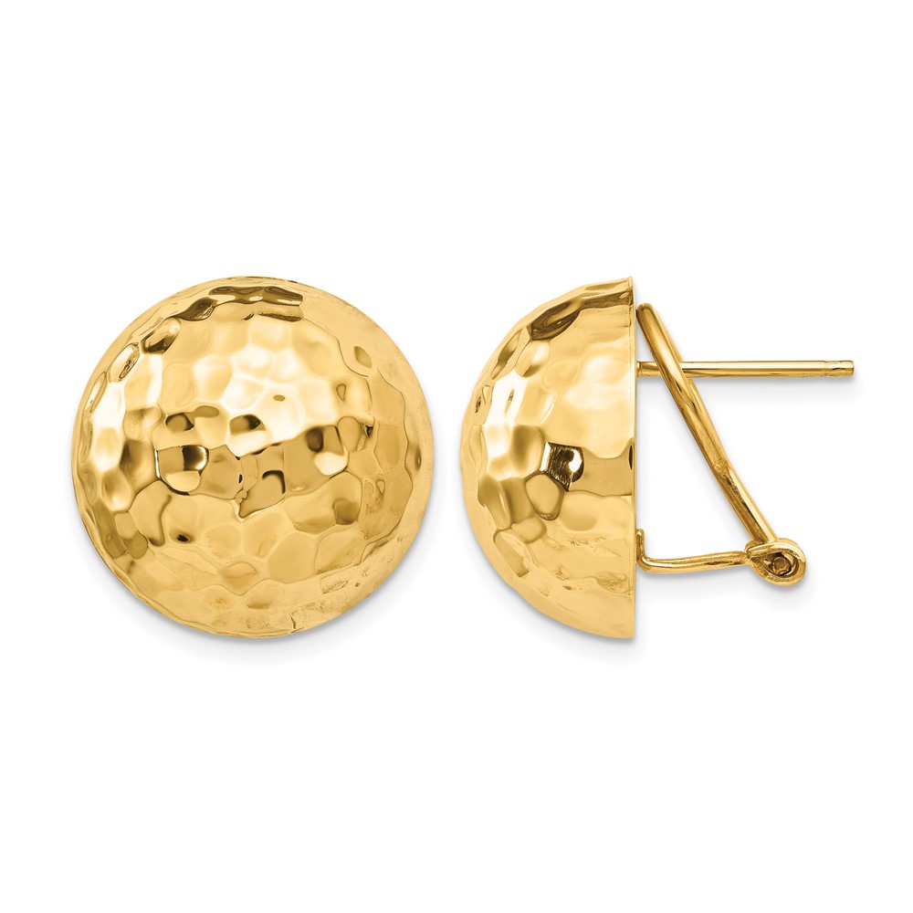 14K 18mm Yellow Gold Hammered Half Ball Omega Back Post Earrings