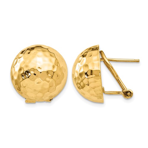 14K 16mm Yellow Gold Hammered Half Ball Omega Back Post Earrings