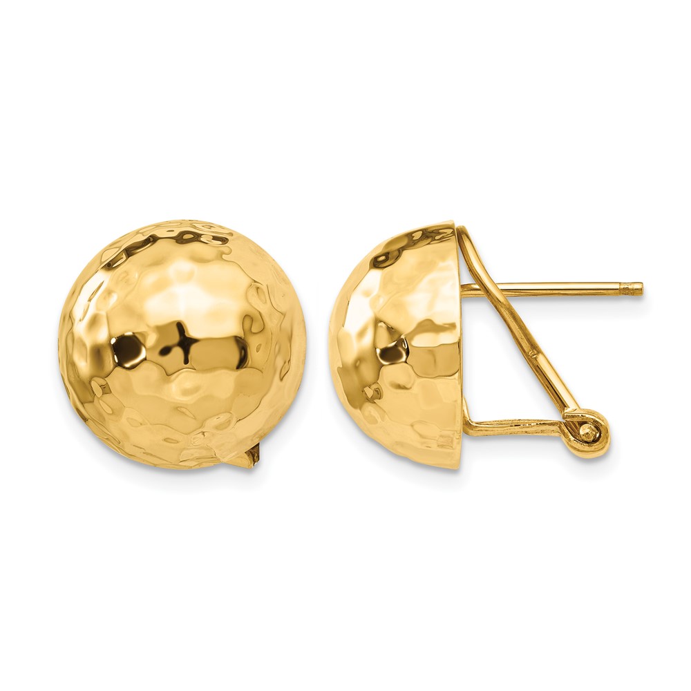14K 14mm Yellow Gold Hammered Half Ball Omega Back Post Earrings