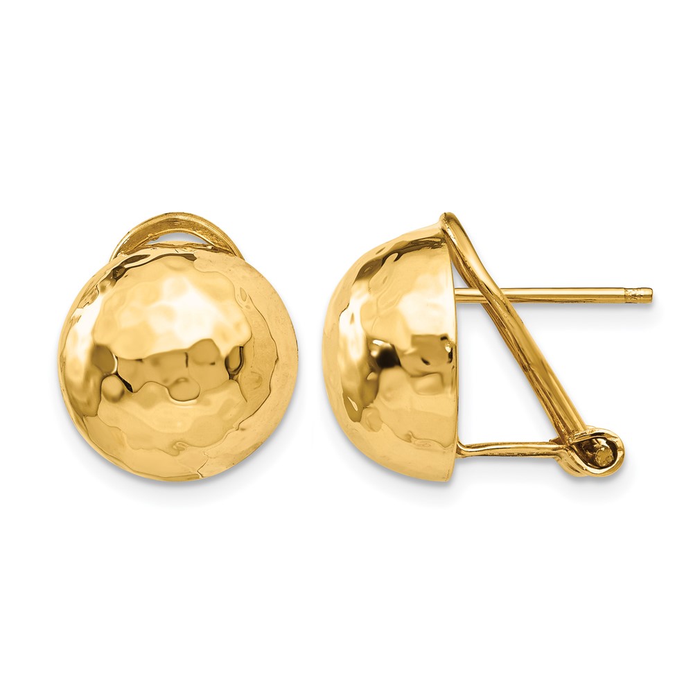 14K 12mm Yellow Gold Hammered Half Ball Omega Back Post Earrings