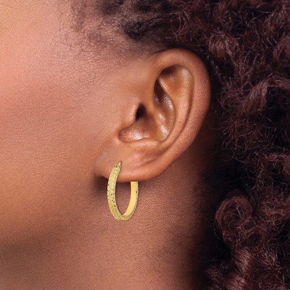 14K 3x26mm Polished Satin Diamond-cut Fancy Hoop Earrings