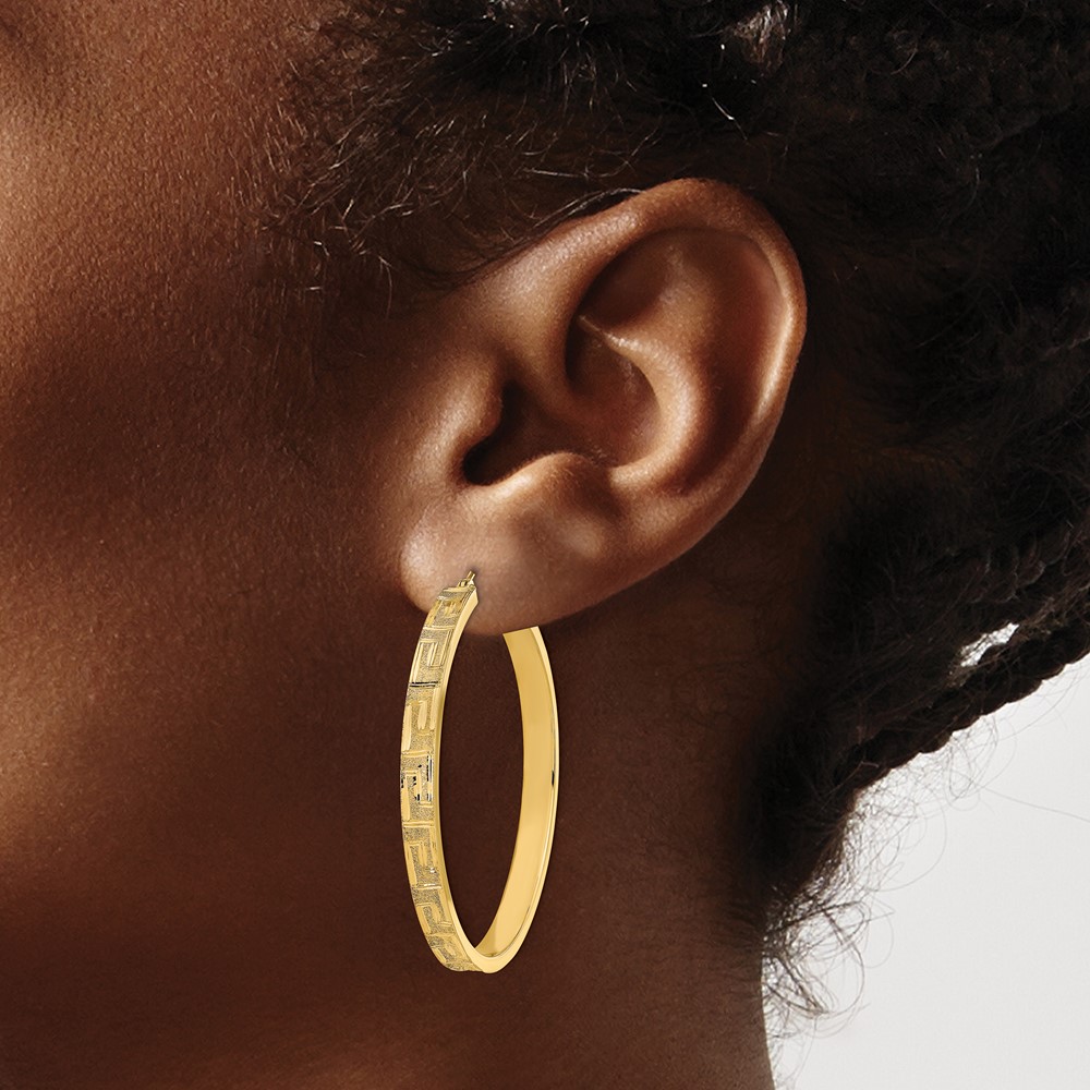 14K Polished and Satin Greek Pattern Hoop Earrings (TF2058)