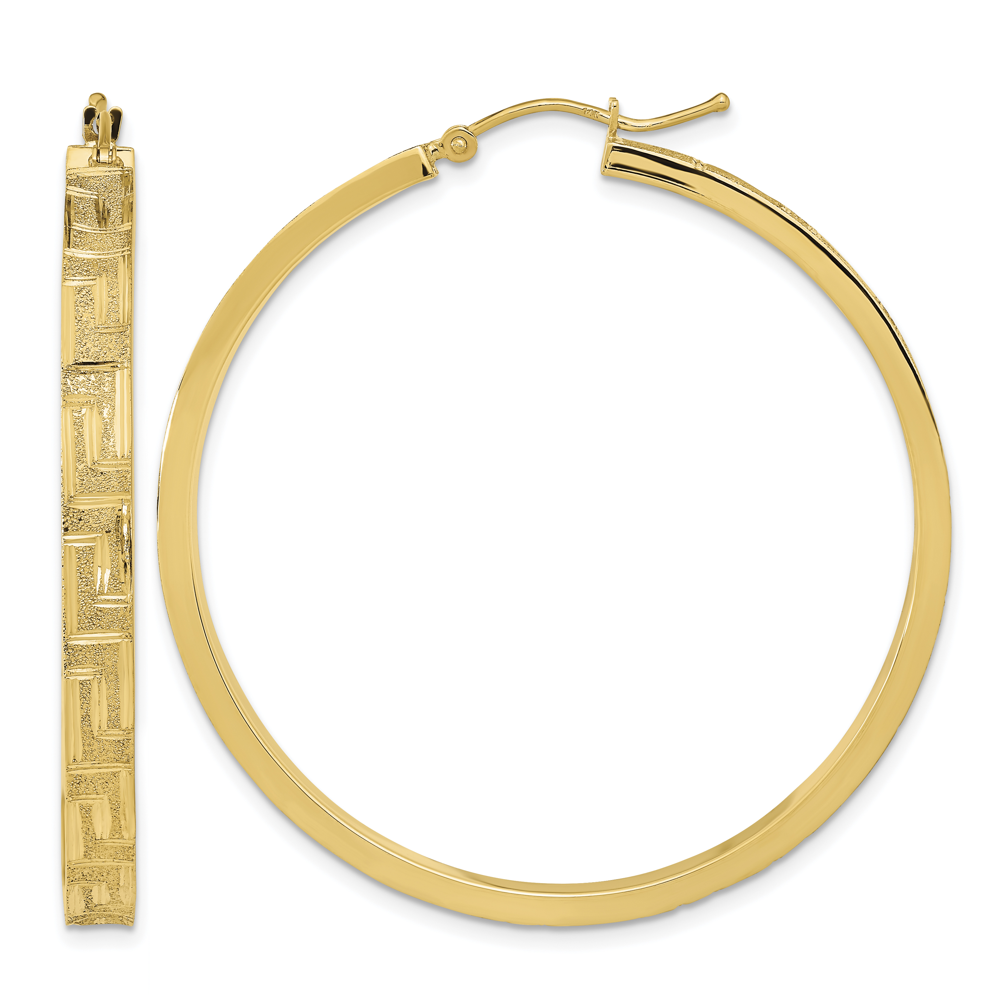14K Polished and Satin Greek Pattern Hoop Earrings (TF2058)