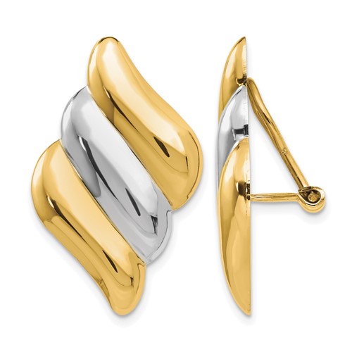 14K and White Rhodium Diagonal Ribbed Omega Back Non-pierced Earrings