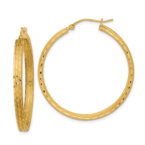 14K Satin and Diamond-cut Hoop Earrings