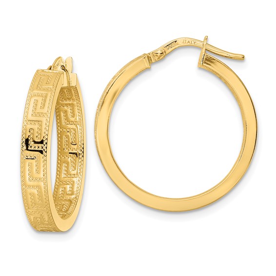 4mm Gold Textured Greek Key Hoop Earrings