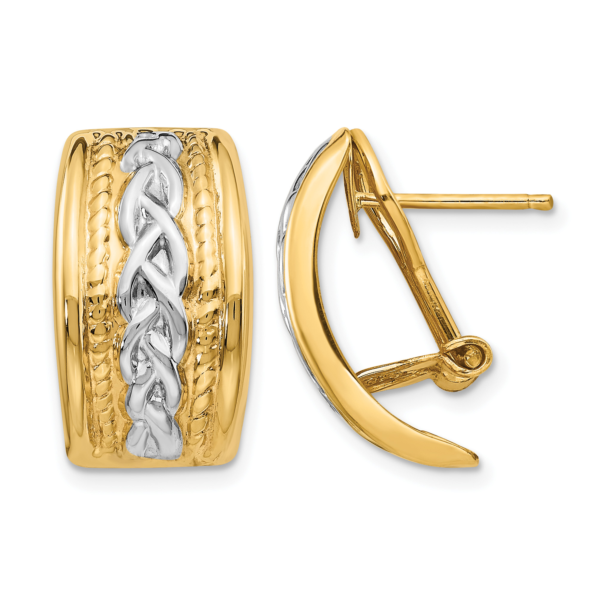 14k Polished & Rhodium Omega Back Post Earrings (TF207)