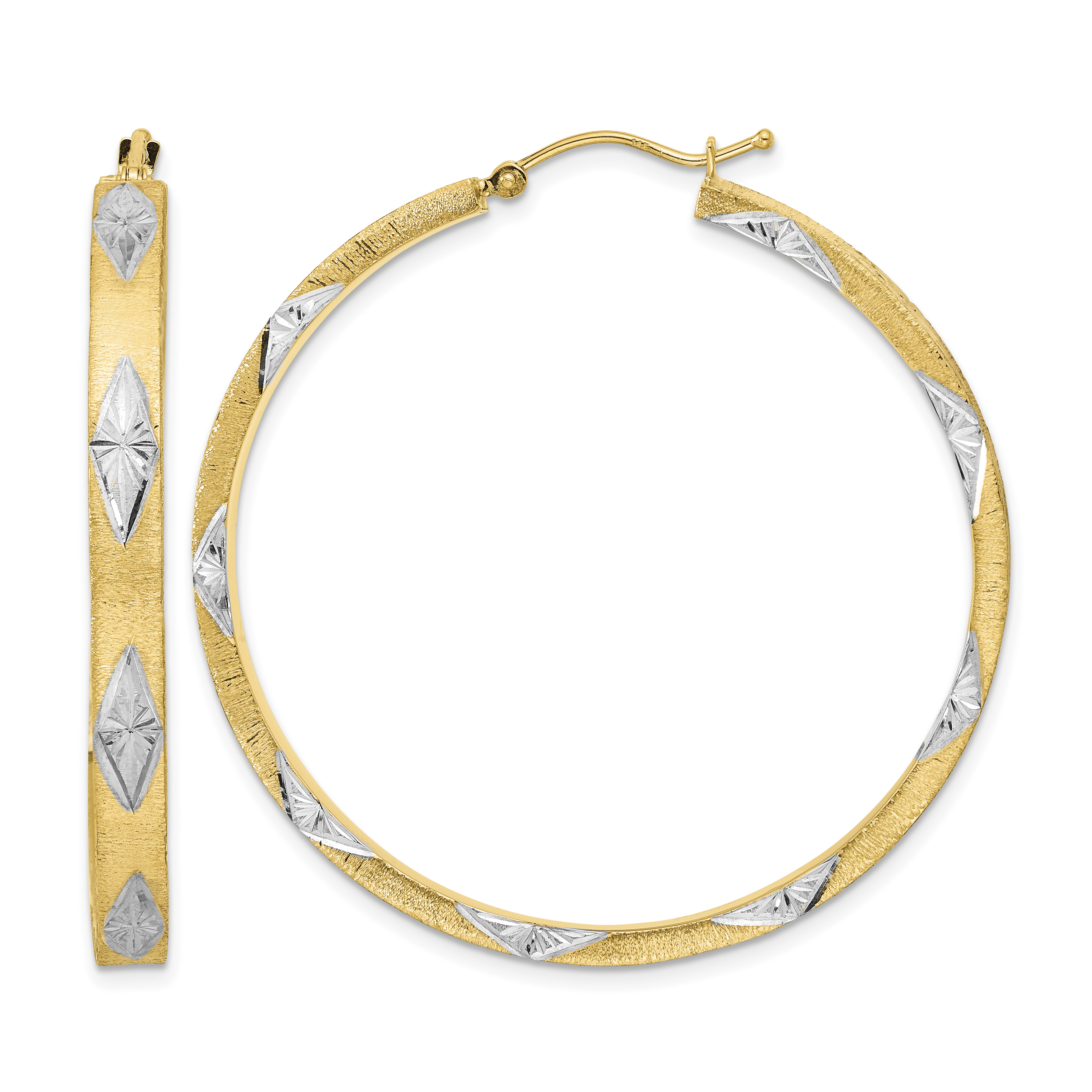 14K White Rhodium Polished Satin Diamond-cut Fancy Hoop Earrings (TF2075)