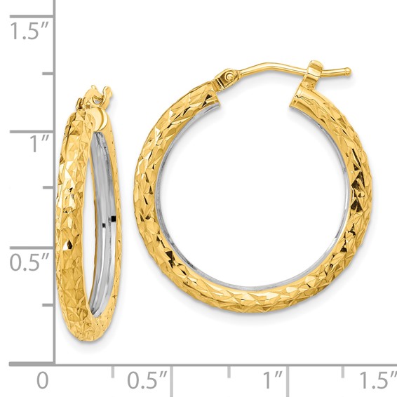 3mm Gold White Rhodium Diamond-cut Hoop Earrings
