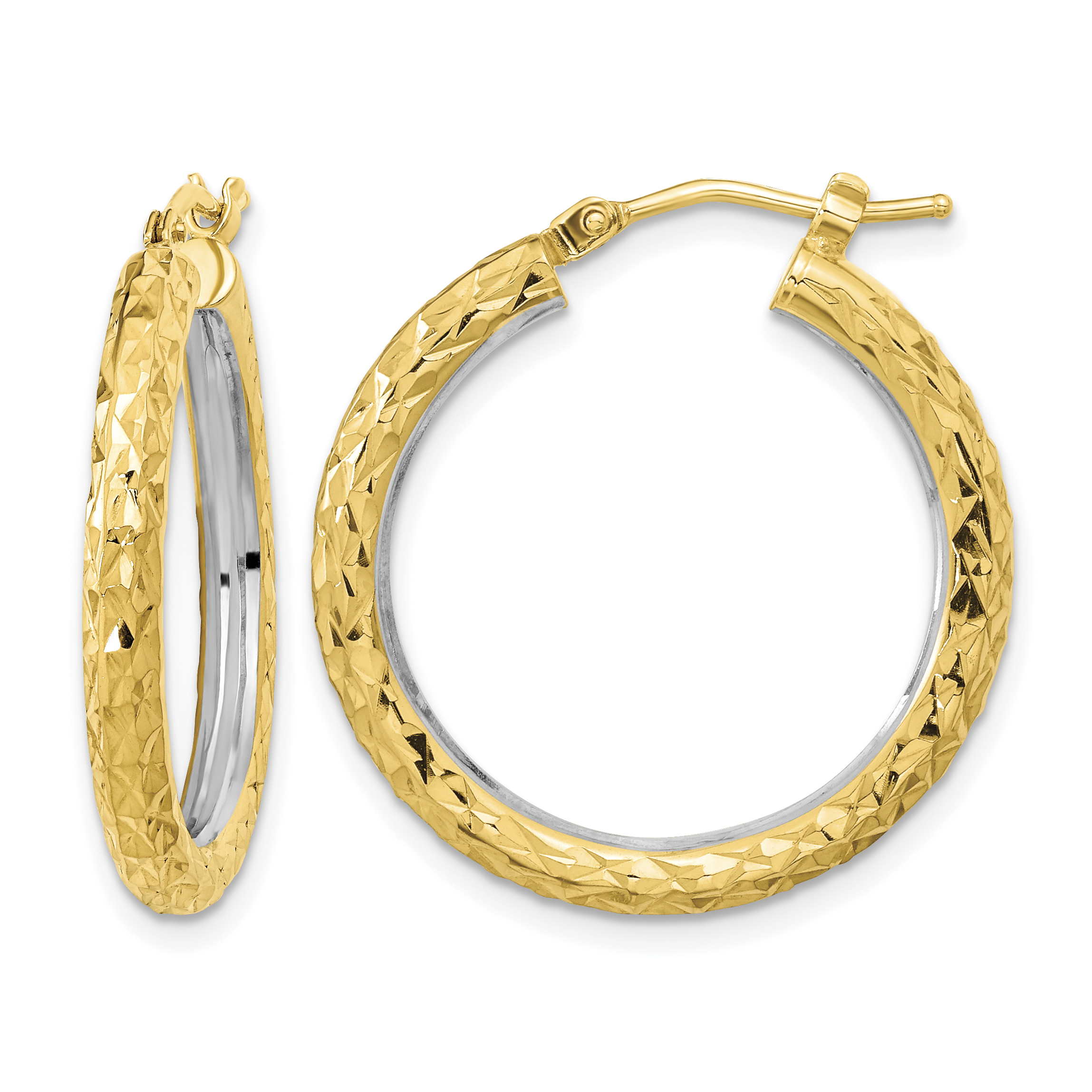 14k White Rhodium Polished Diamond-cut 3mm Circle Hoop Earrings (TF2077)