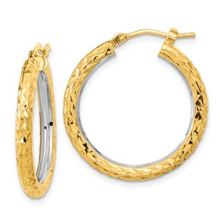 3mm Gold White Rhodium Diamond-cut Hoop Earrings