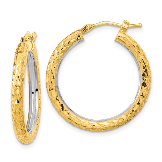 3mm Gold White Rhodium Diamond-cut Hoop Earrings