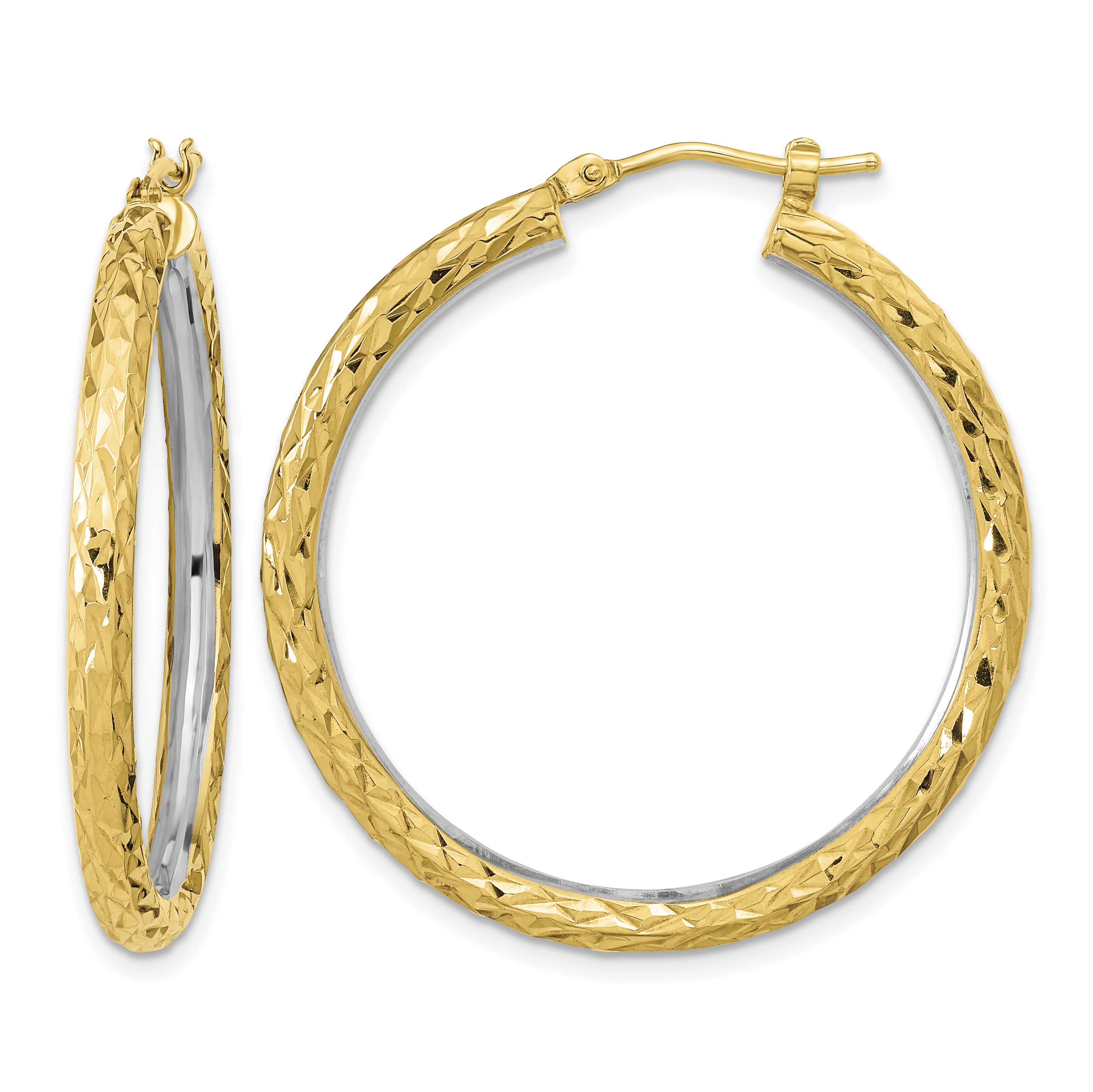14k White Rhodium Polished Diamond-cut 3mm Circle Hoop Earrings (TF2078)