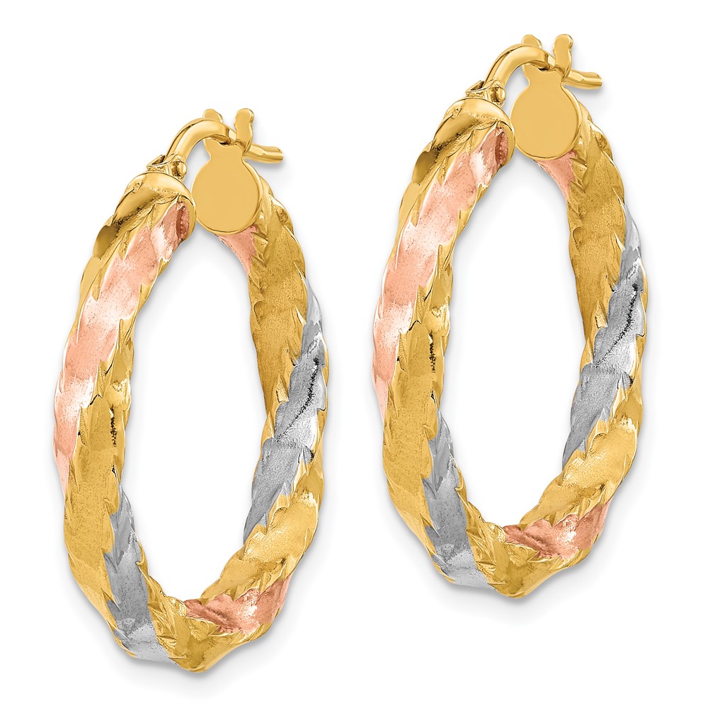 14K with Rose & White Rhodium Polished Twisted Hoop Earrings (TF2089)