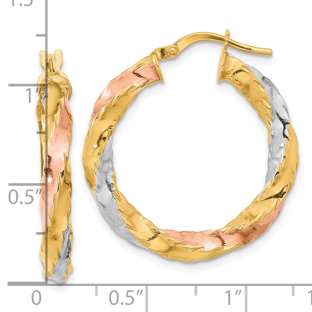 14K with Rose & White Rhodium Polished Twisted Hoop Earrings (TF2089)