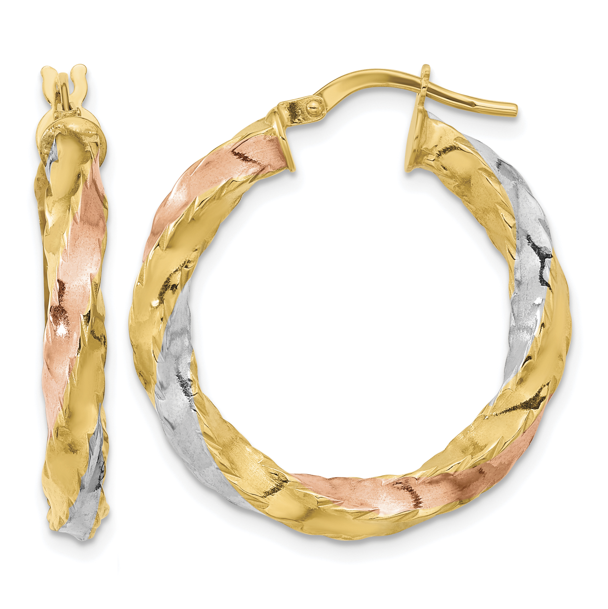 14K with Rose & White Rhodium Polished Twisted Hoop Earrings (TF2089)