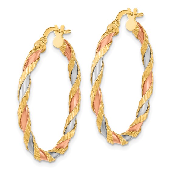 3mm Gold White & Rhodium Twisted Hoop Earrings