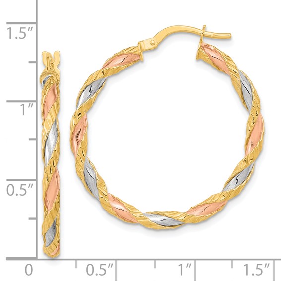 3mm Gold White & Rhodium Twisted Hoop Earrings