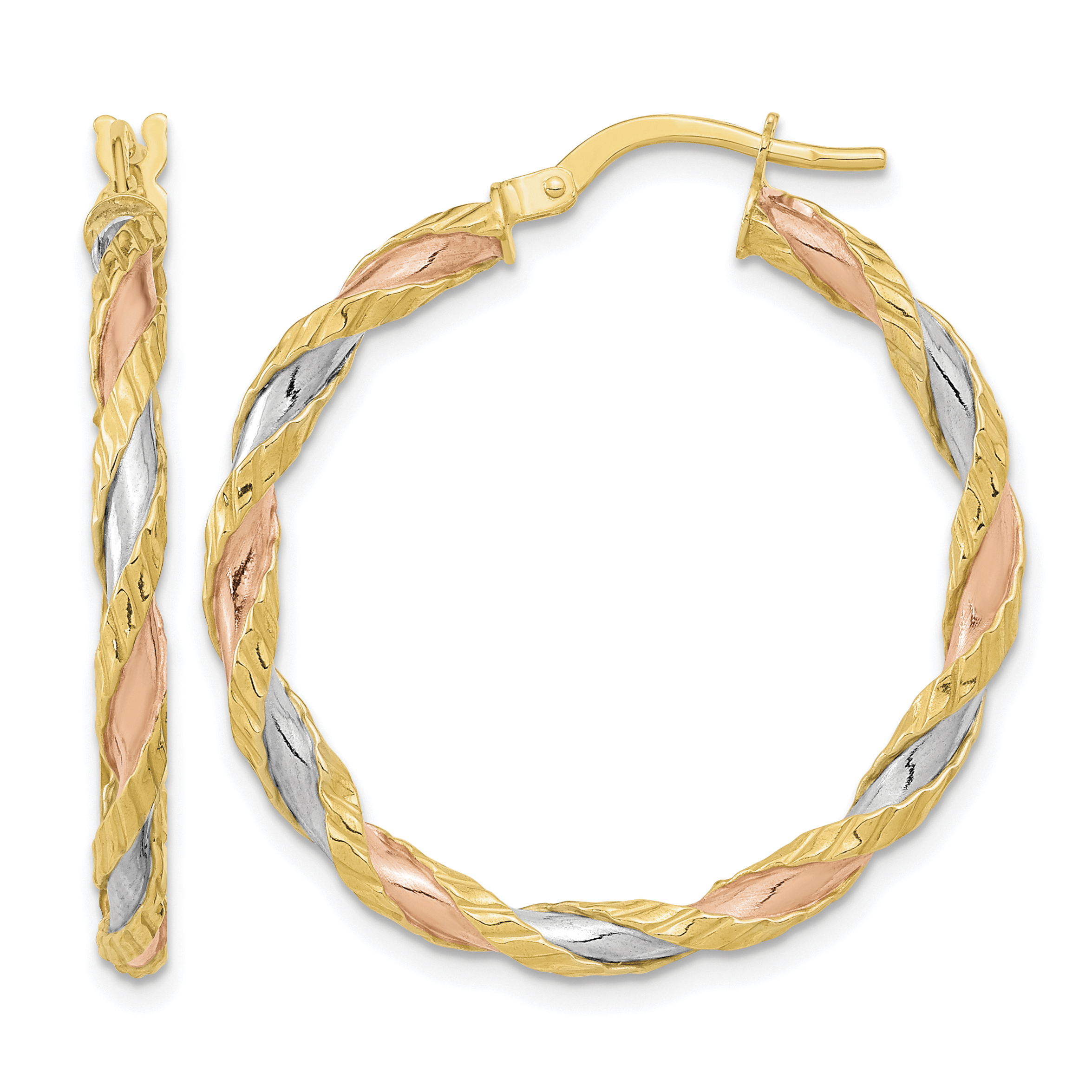14K with Rose and White Rhodium Textured Twisted Hoop Earrings (TF2092)