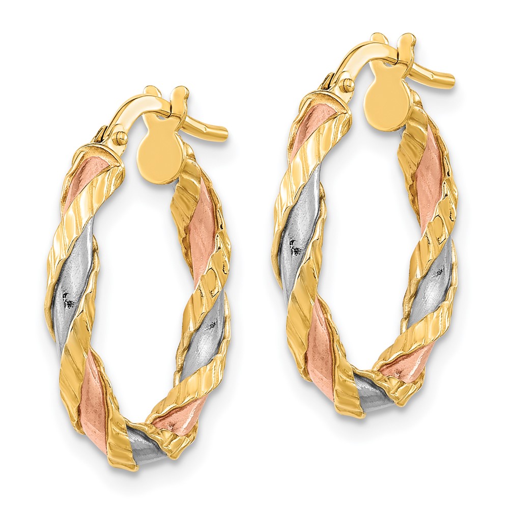 14K with Rose & White Rhodium Textured Twisted Hoop Earrings (TF2093)