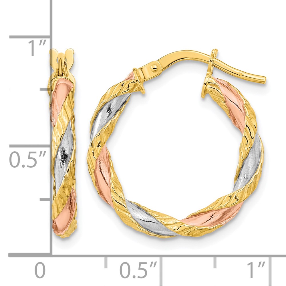 14K with Rose & White Rhodium Textured Twisted Hoop Earrings (TF2093)