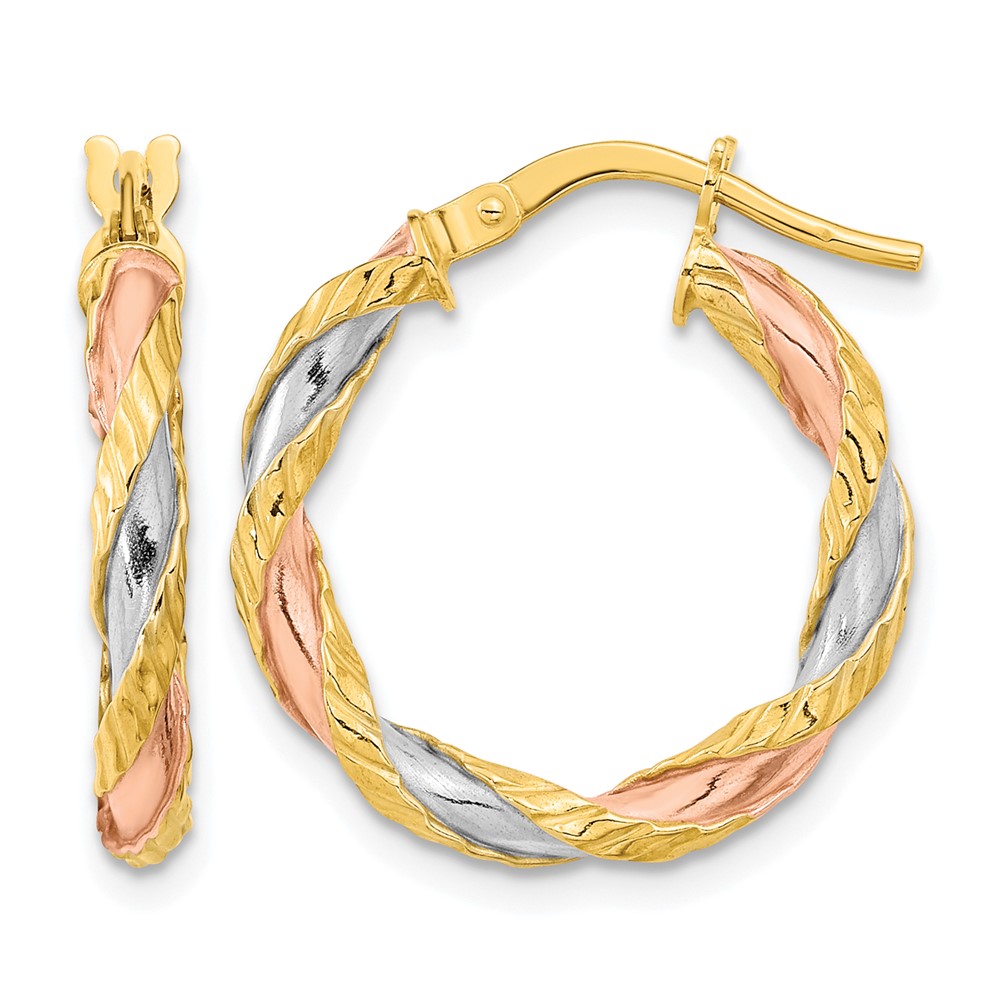 14K with Rose & White Rhodium Textured Twisted Hoop Earrings (TF2093)