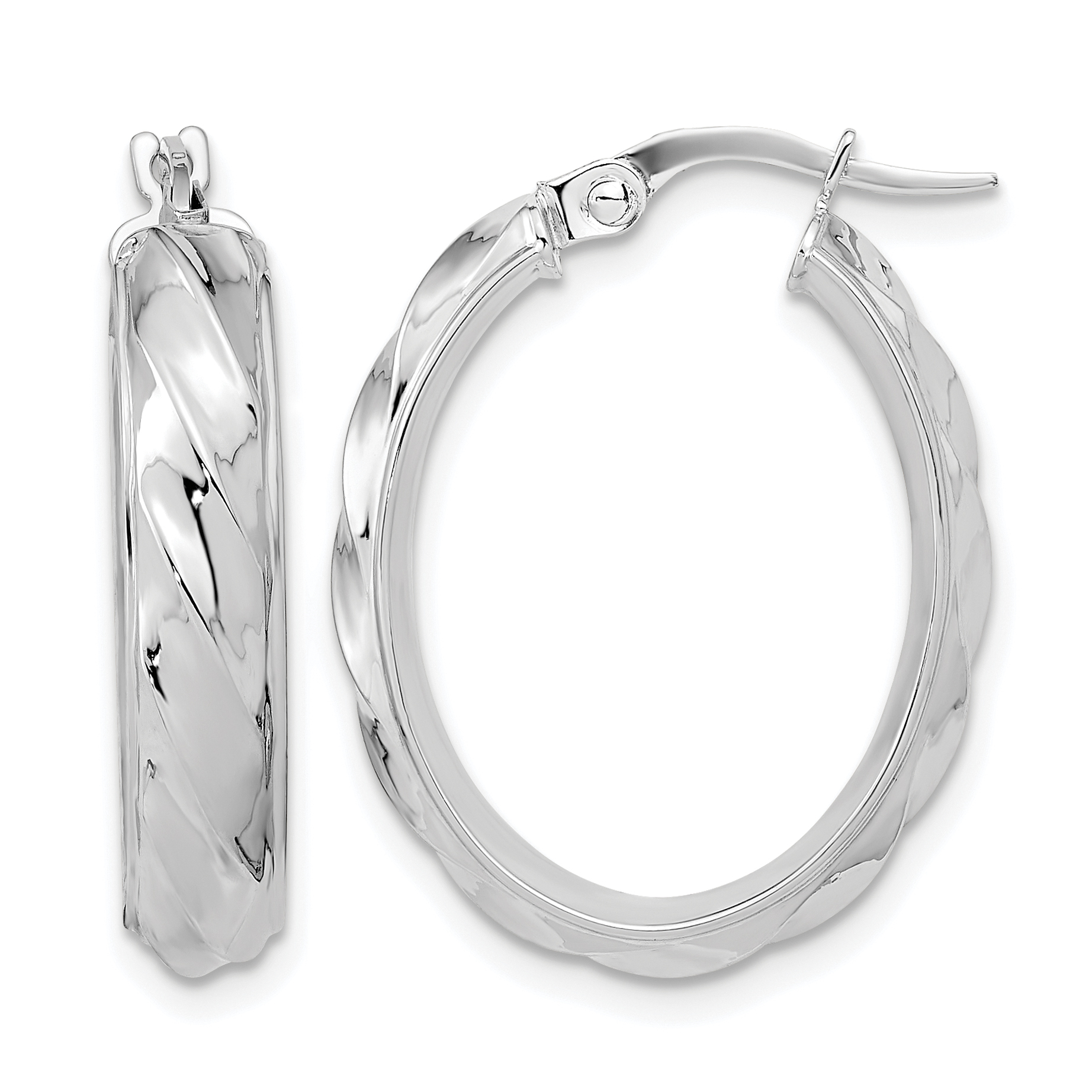 14K White Gold Polished and Twisted Oval Hoop Earrings (TF2097W)