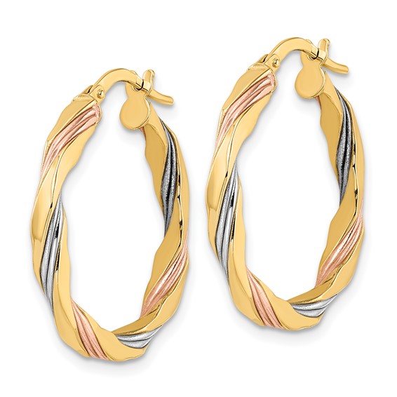 Gold w/White and Rose Rhodium Twisted Hoop Earrings