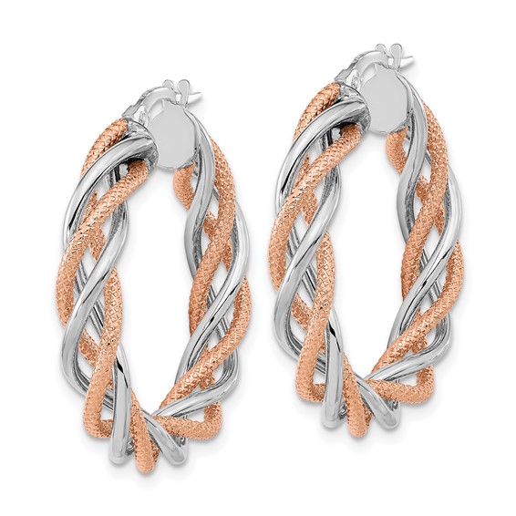 14K White Gold Rose Rhodium Polished and Textured Twisted Hoop Earrings