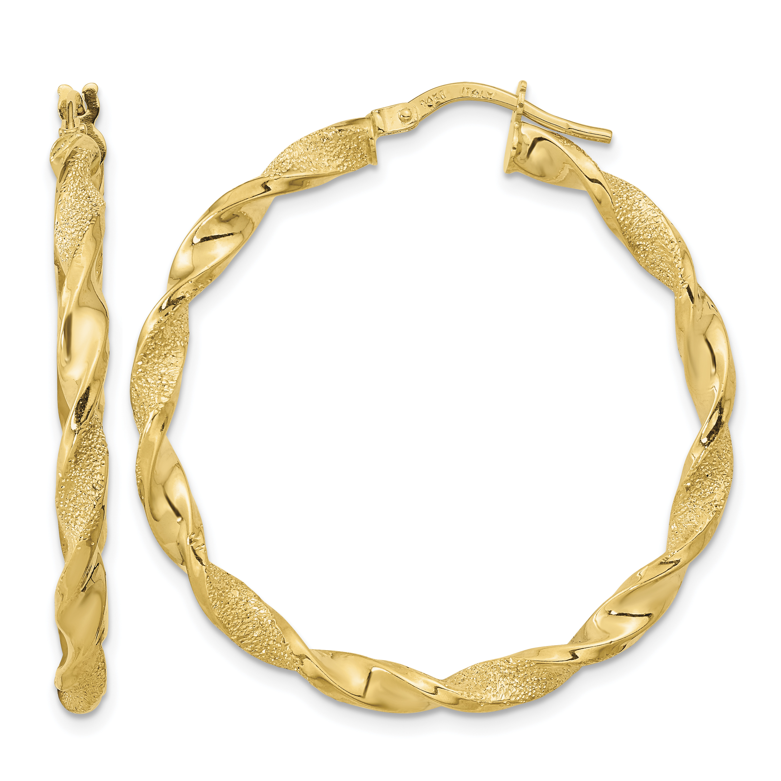 14K Polished and Textured Twisted Hoop Earrings (TF2123)