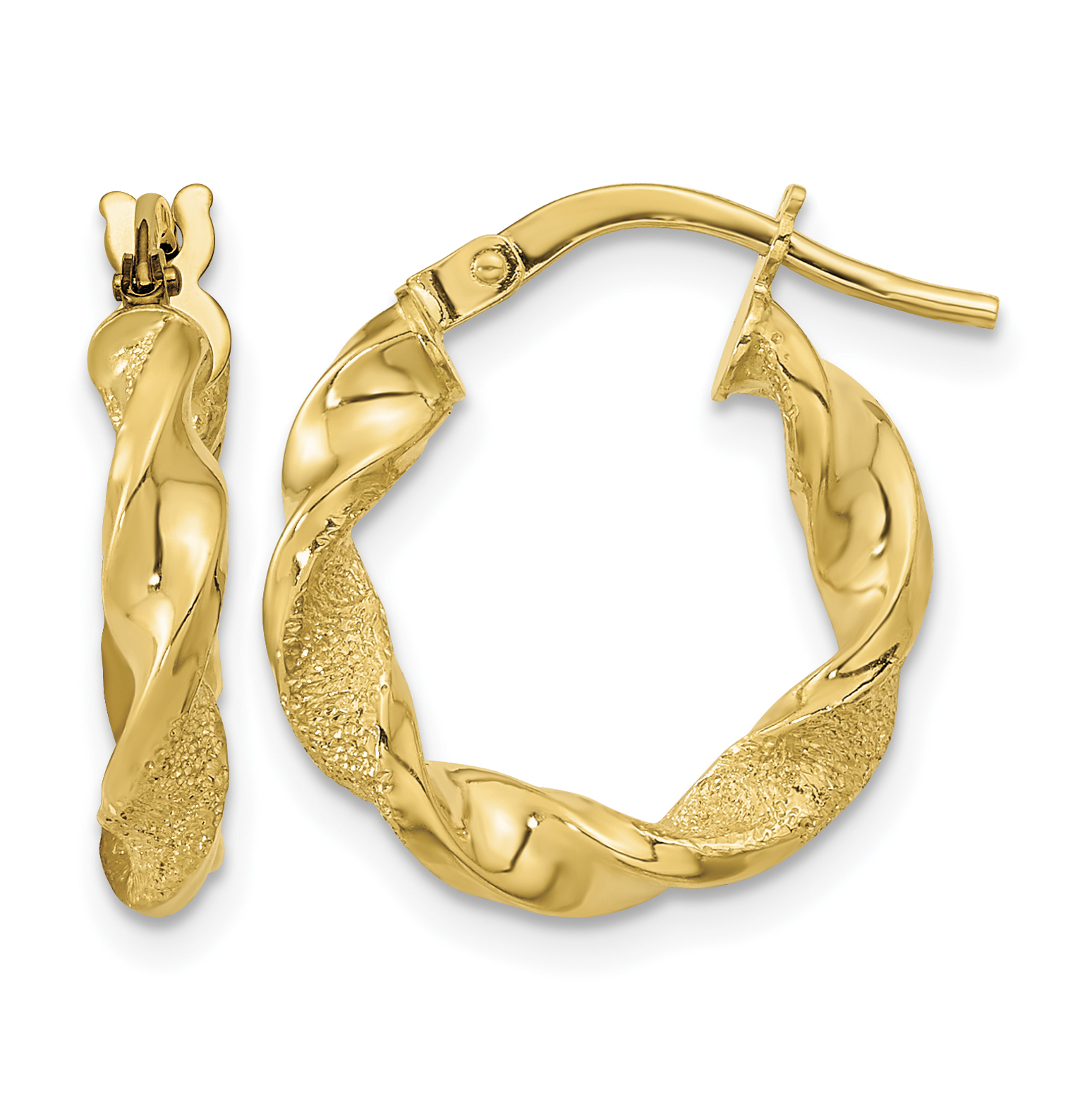 14K Polished and Textured Twisted Hoop Earrings (TF2125)