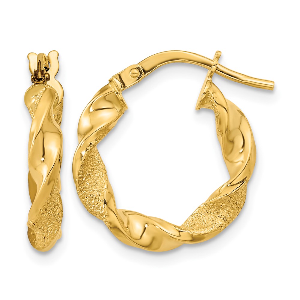 14K Polished and Textured Twisted Hoop Earrings (TF2125)