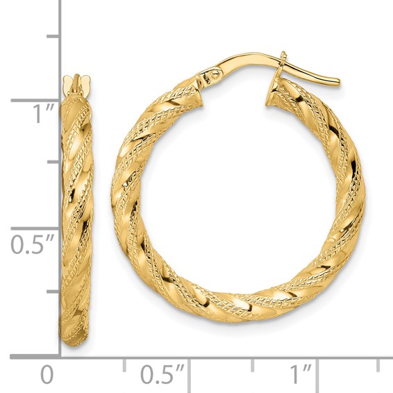 3mm Gold Textured Twisted Hoop Earrings