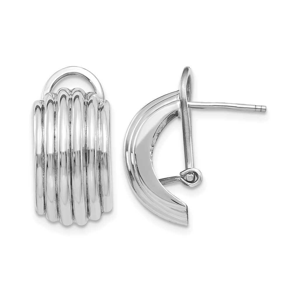 14K White Gold 9.5x 16mm Polished Ribbed Half Hoop Omega Back Post Earrings