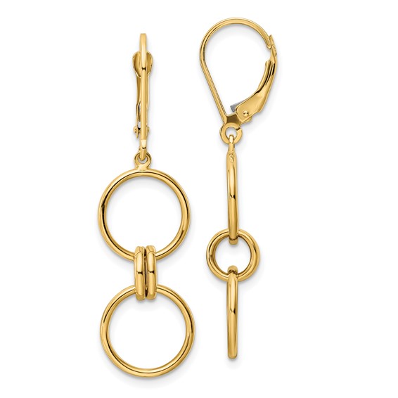 14k Polished Circles Dangle Leverback Earrings