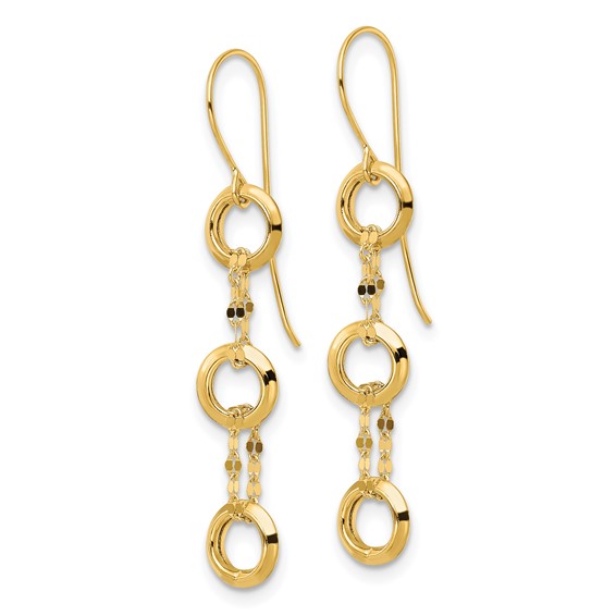14K Three Circle and Chain Dangle French Hook Earrings