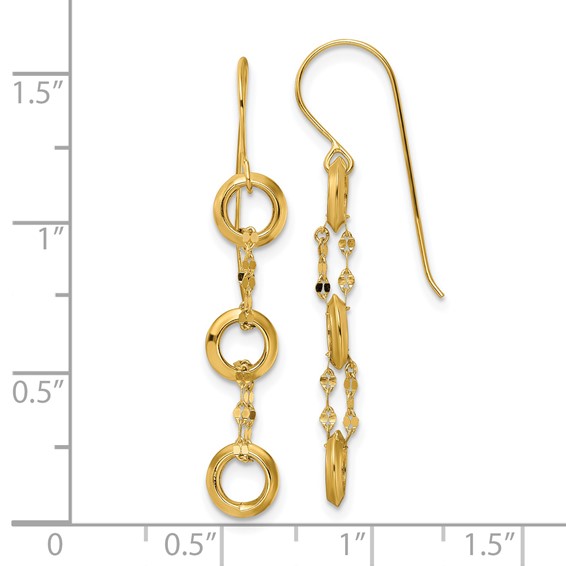 14K Three Circle and Chain Dangle French Hook Earrings