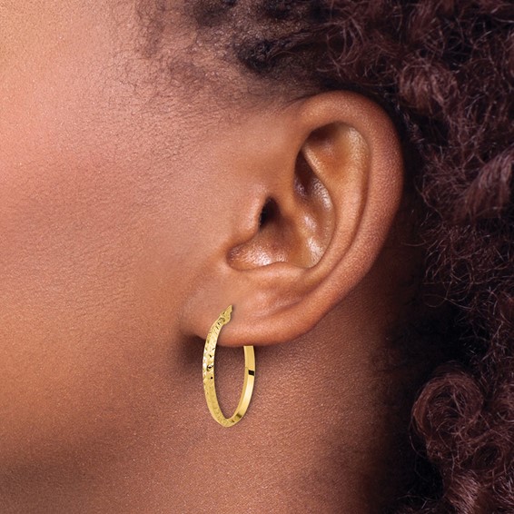 14K 2.25x25mm Polished Diamond-cut Knife-Edge Tube Hoop Earrings